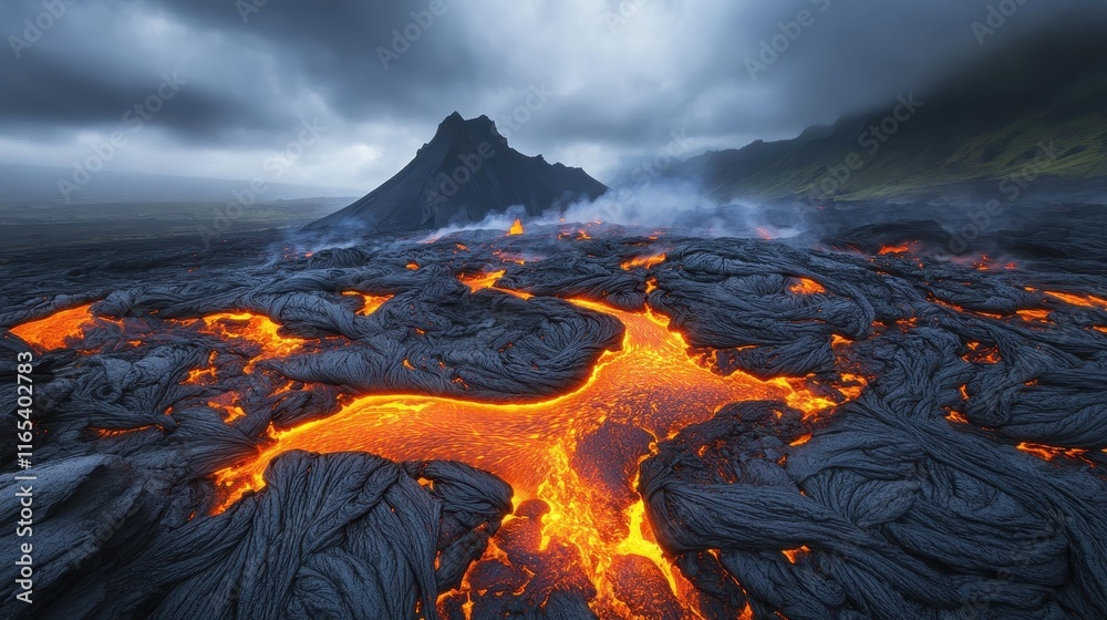 Naklejka premium Volcanic Landscape with Flowing Lava and Dark Clouds, Perfect for Geology Themes, Natural Phenomena, Adventure Concepts, and Dramatic Nature Backgrounds