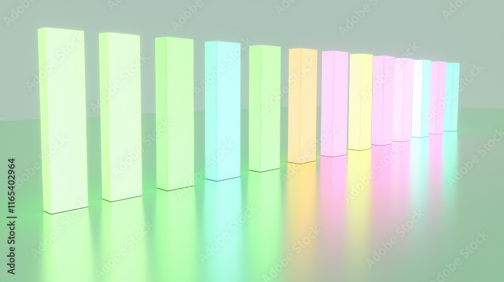 Colorful illuminated blocks arranged in a row on a reflective surface. Colorful illuminated blocks arranged in a row on a reflective surface.