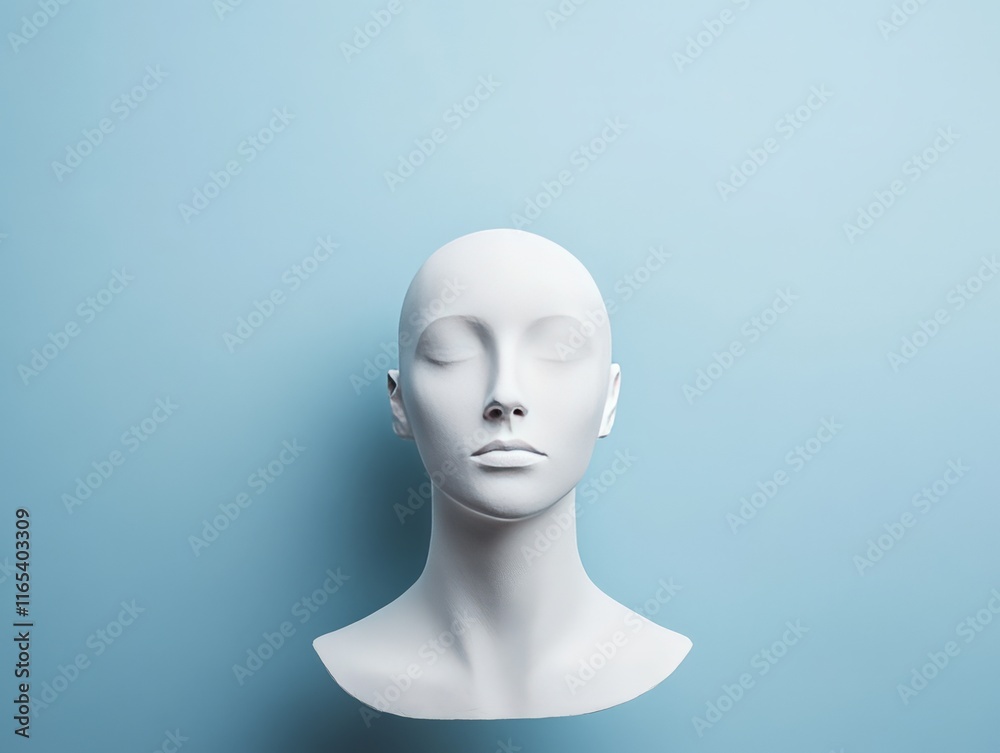 A minimalist white mannequin head against a light blue background. A minimalist white mannequin head against a light blue background.