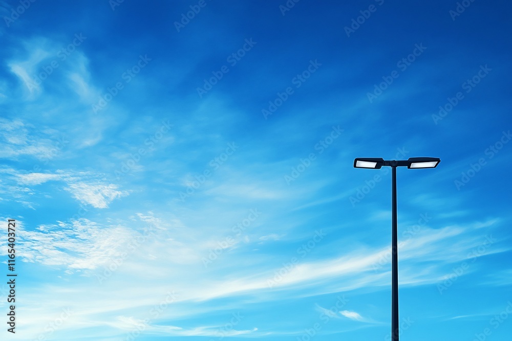 Single lamp post against a vibrant blue sky with wispy clouds. Single lamp post against a vibrant blue sky with wispy clouds.