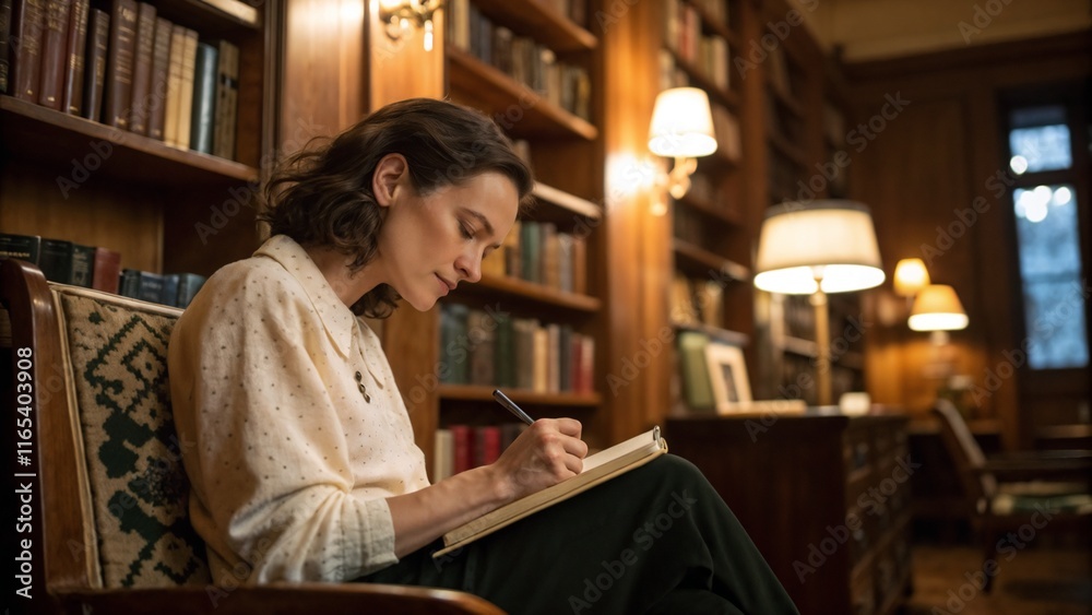 Woman writing in notebook while seated in cozy library with bookshelves Woman writing in notebook while seated in cozy library with bookshelves
