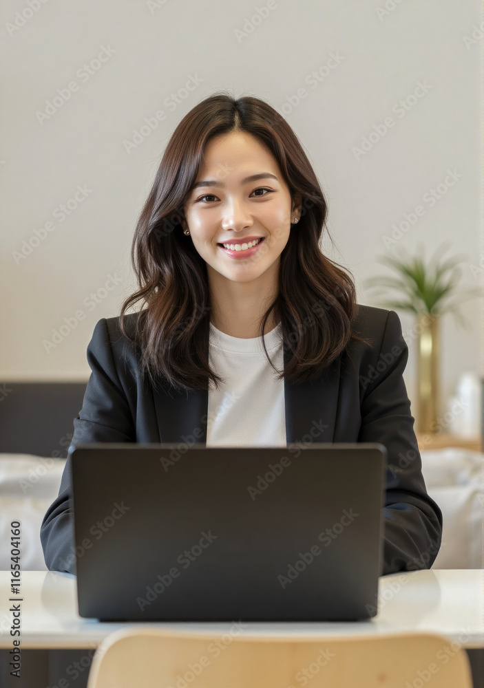 yet joyful Indonesian woman with medium wavy hair, dressed in modern 2025 fashion, interacting with a laptop in her comfortable home office yet joyful Indonesian woman with medium wavy hair, dressed in modern 2025 fashion, interacting with a laptop in her comfortable home office