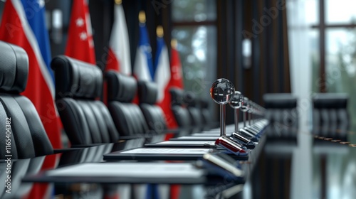 Signing of the Peace Accords.A large polished conference table in a formal setting with international flags in the background. photo