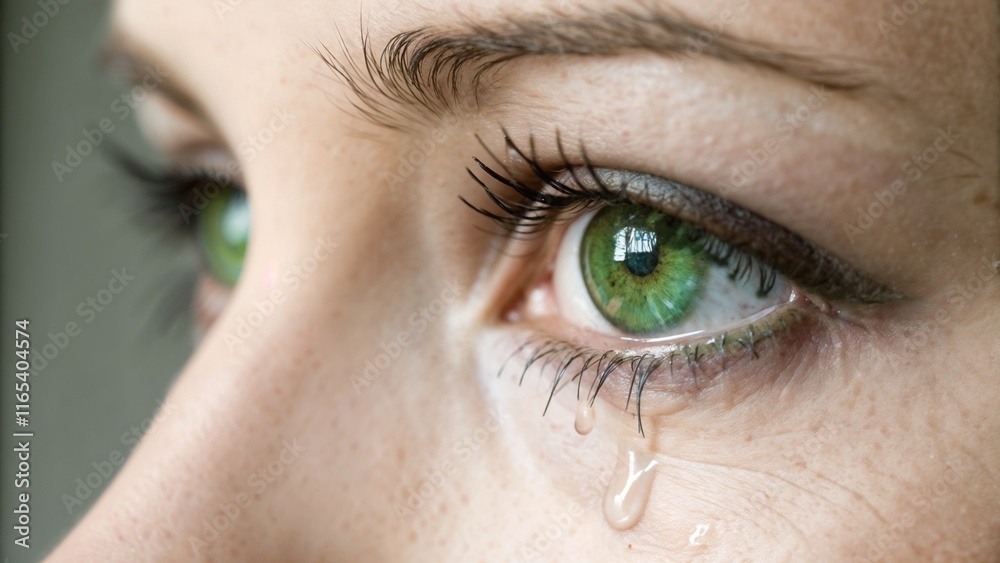 Fototapeta premium Close-up portrait of a woman with green eyes and a teardrop, expressing deep emotion