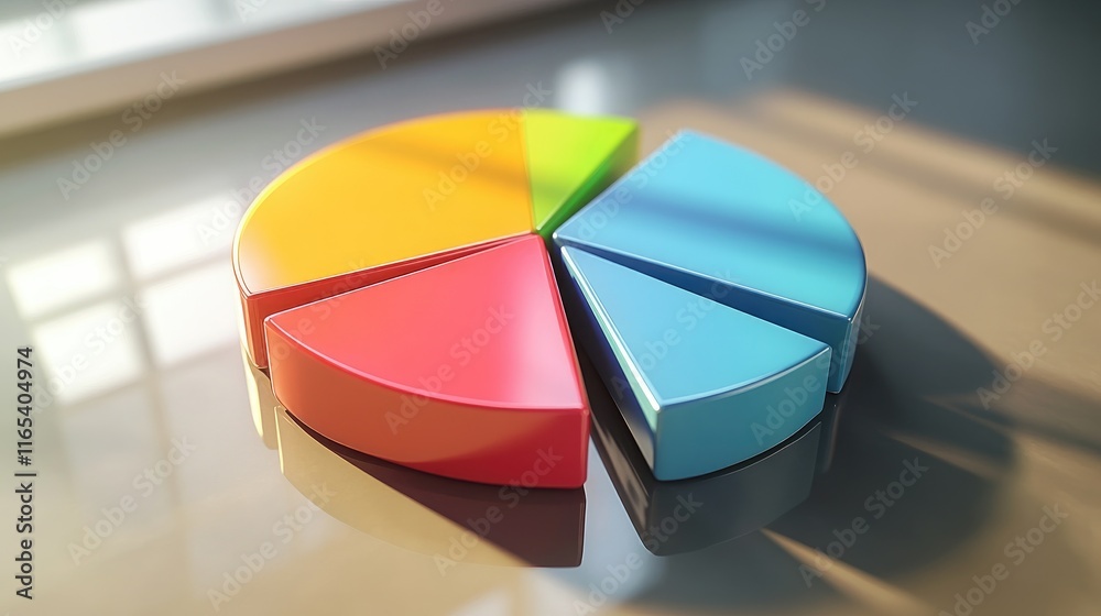 Fototapeta premium A multi-colored D pie chart with each slice elevated, casting shadows on a reflective surface, representing clear data segmentation.