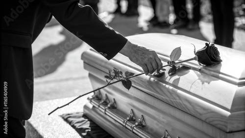 A man places a rose on a coffin during a funeral ceremony, filmed in monochrome