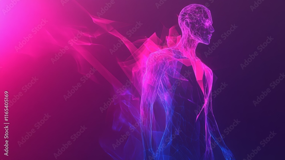 Abstract digital human figure in vibrant pink and blue hues. Abstract digital human figure in vibrant pink and blue hues.
