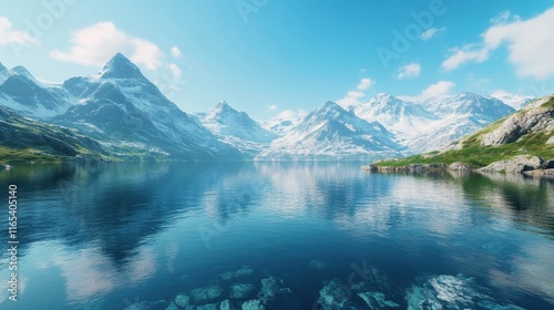 Crystal-Clear Alpine Lake with Snow-Capped Mountains, Serene Nature Scene, Pristine Wilderness, Outdoor Adventure Destination, Peaceful Reflection, Majestic Landscape