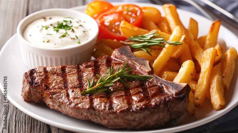 A plate of steak frites, featuring a grilled steak served with crispy French fries and a side of garlic aioli, creating a classic bistro vibe A plate of steak frites, featuring a grilled steak served with crispy French fries and a side of garlic aioli, creating a classic bistro vibe