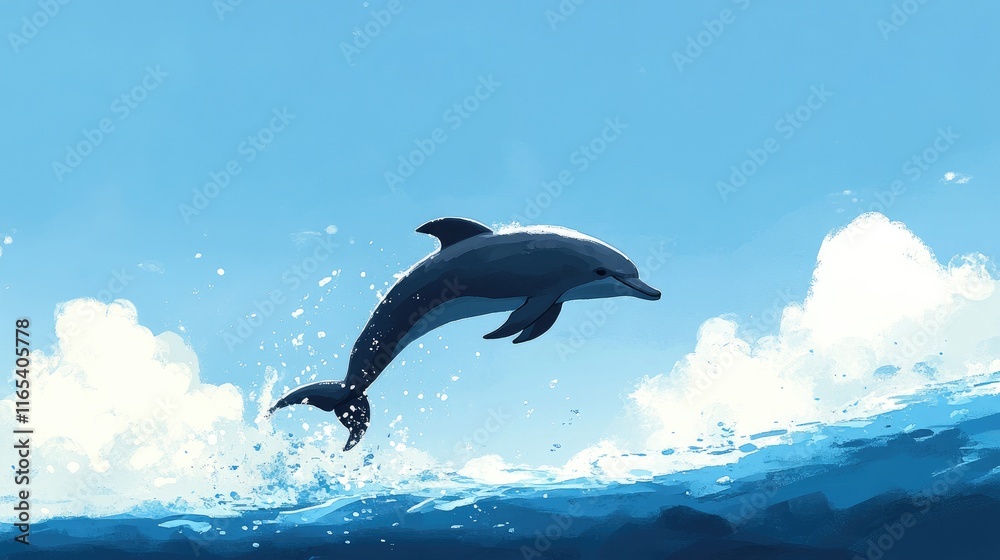 Fototapeta premium A playful dolphin leaping gracefully out of the ocean, droplets of water glistening in the sunlight as it arcs through the air against a clear blue sky