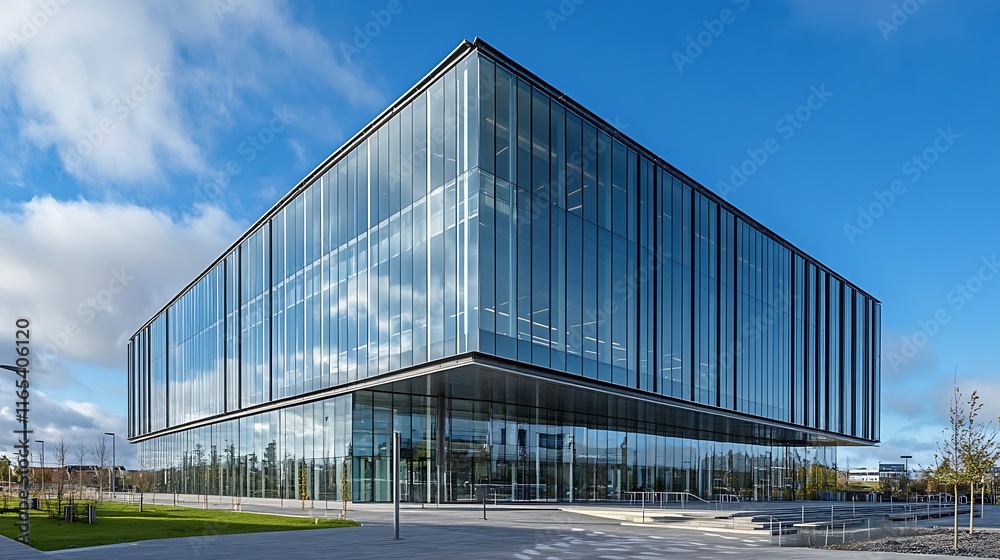 Modern glass office building with clear blue sky background Modern glass office building with clear blue sky background