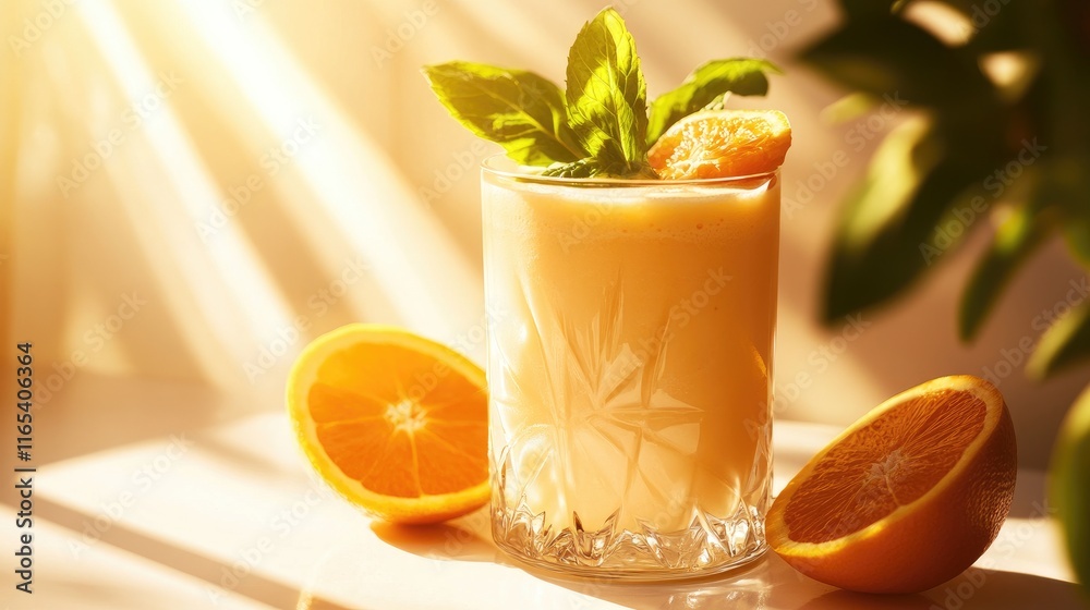 Fototapeta premium A refreshing glass of orange smoothie topped with slices of fresh oranges and a sprig of mint, set against a bright, sunny backdrop, inviting a taste of summer