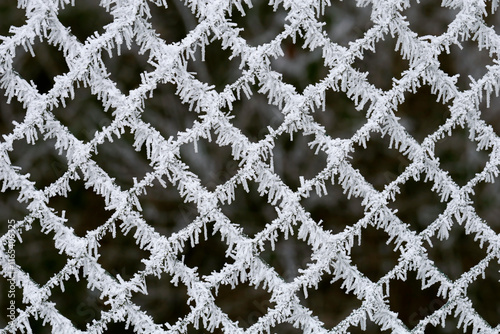 chain link fence covered with ice crystalls, winter frost on metal wire mesh fence, winter background photo