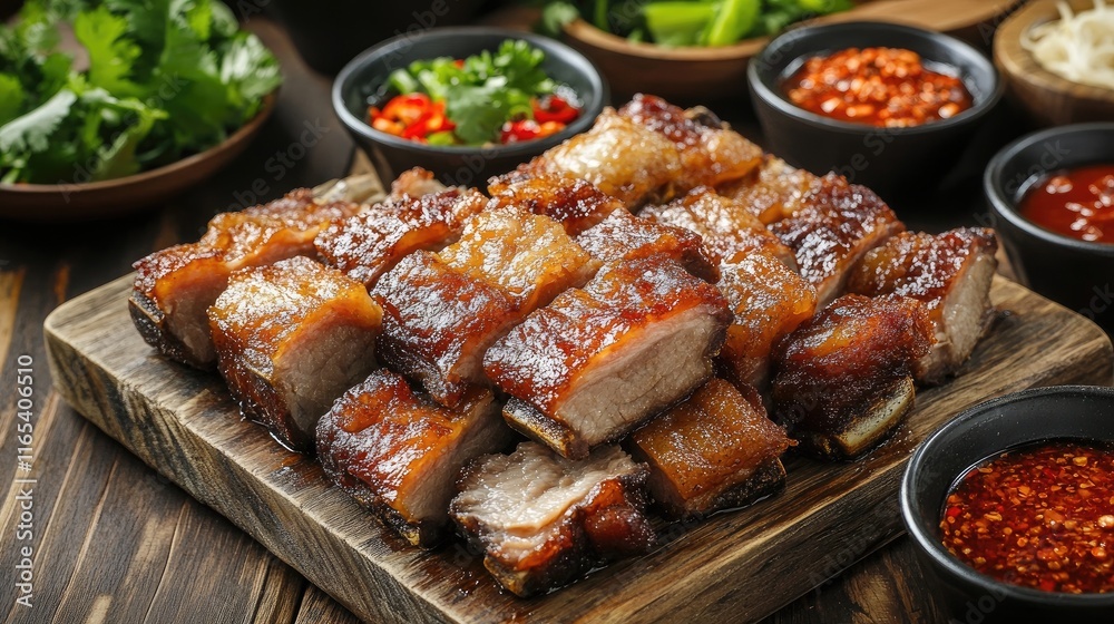 A rustic dining scene featuring a serving platter of fried pork belly, surrounded by bowls of spicy sauce and fresh vegetables, inviting family and friends to share a meal. A rustic dining scene featuring a serving platter of fried pork belly, surrounded by bowls of spicy sauce and fresh vegetables, inviting family and friends to share a meal.