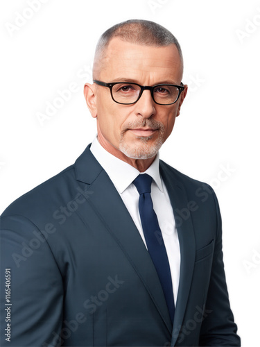 European man aged 40-50 years old, wearing classic suit, looking engaged with glasses, with buzz cut and red hair.