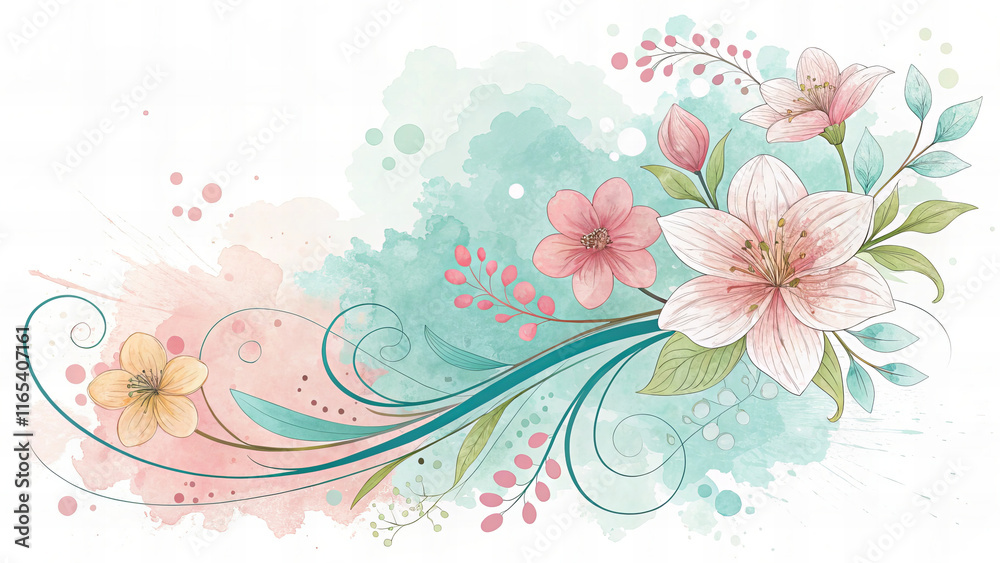 vibrant watercolor splash featuring delicate flowers in pastel tones, showcasing intricate details and flowing lines that evoke sense of tranquility and beauty