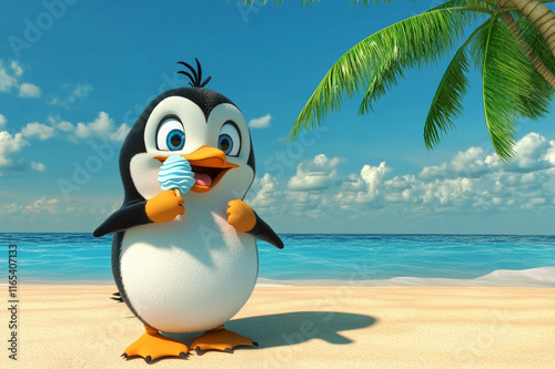 Cute Cartoon Penguin Holding Ice Cream on a Tropical Beach with Palm Trees and a Bright Ocean Backdrop photo