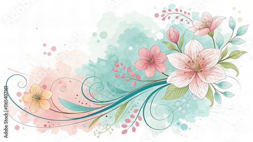 vibrant watercolor splash featuring delicate flowers in pastel tones, showcasing intricate details and flowing lines that evoke sense of tranquility and beauty