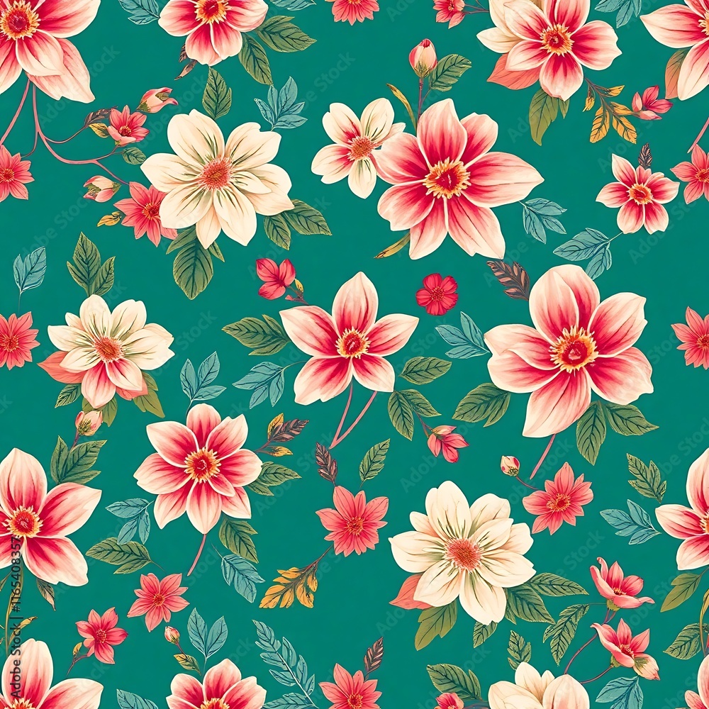Teal Floral Pattern: A vibrant seamless pattern featuring a captivating array of white, pink, and red flowers on a teal background. Perfect for textile designs, wallpaper, and more. Teal Floral Pattern: A vibrant seamless pattern featuring a captivating array of white, pink, and red flowers on a teal background. Perfect for textile designs, wallpaper, and more.