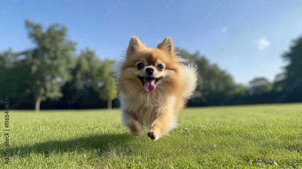 A small, fluffy dog running across a green field, ears flapping and tongue out, with a clear blue sky and trees in the background, full of joy and energy