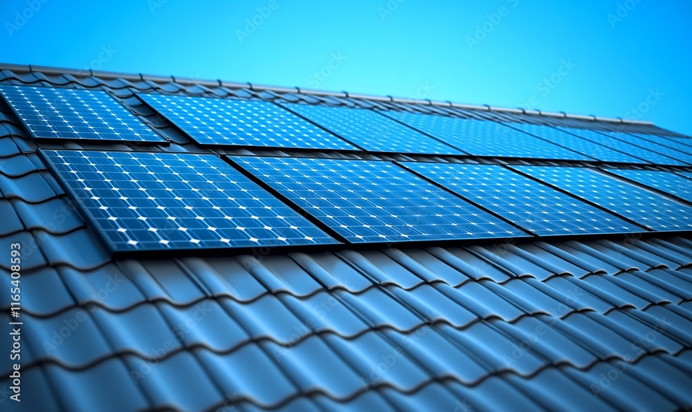 Solar panels installed on a tiled roof, generating clean energy. Solar panels installed on a tiled roof, generating clean energy.
