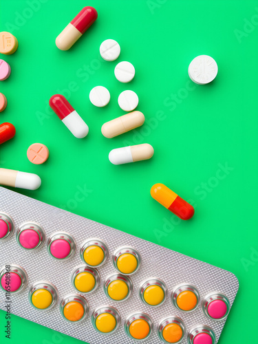 Top view of colorful tablets and capsules pills in blister packs. Global health care and drug use with reasonable concept. Antibiotics resistance concept. photo