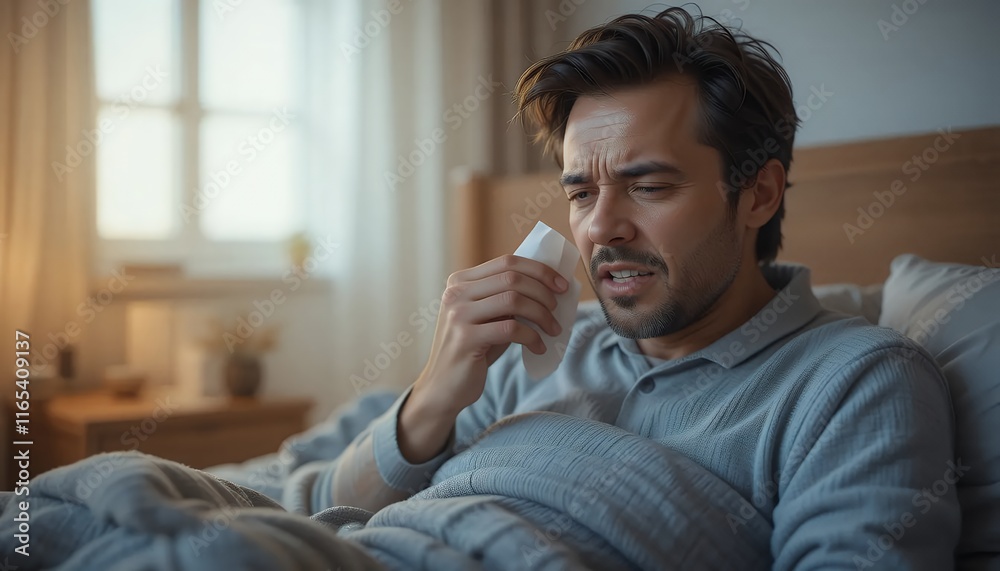 Man Sick in Bed: Feeling unwell, blowing his nose with tissue. Man Sick in Bed: Feeling unwell, blowing his nose with tissue.