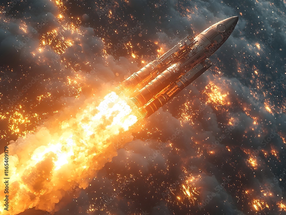 Obraz premium Rocket Launching with Currency Symbols Concept for Investment in Space Industry