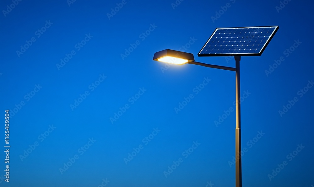 Solar-powered streetlight illuminating at dusk. Solar-powered streetlight illuminating at dusk.