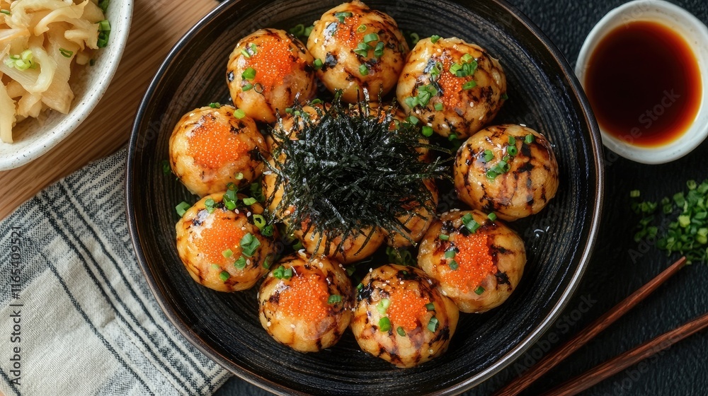 A top-down view of a plate of golden-brown takoyaki balls, topped with seaweed flakes and bonito, served with a side of pickled ginger and dipping sauce. A top-down view of a plate of golden-brown takoyaki balls, topped with seaweed flakes and bonito, served with a side of pickled ginger and dipping sauce.