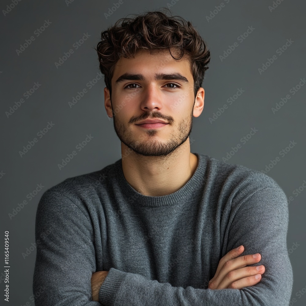 Obraz premium Handsome man poses for camera with arms out on gray background.