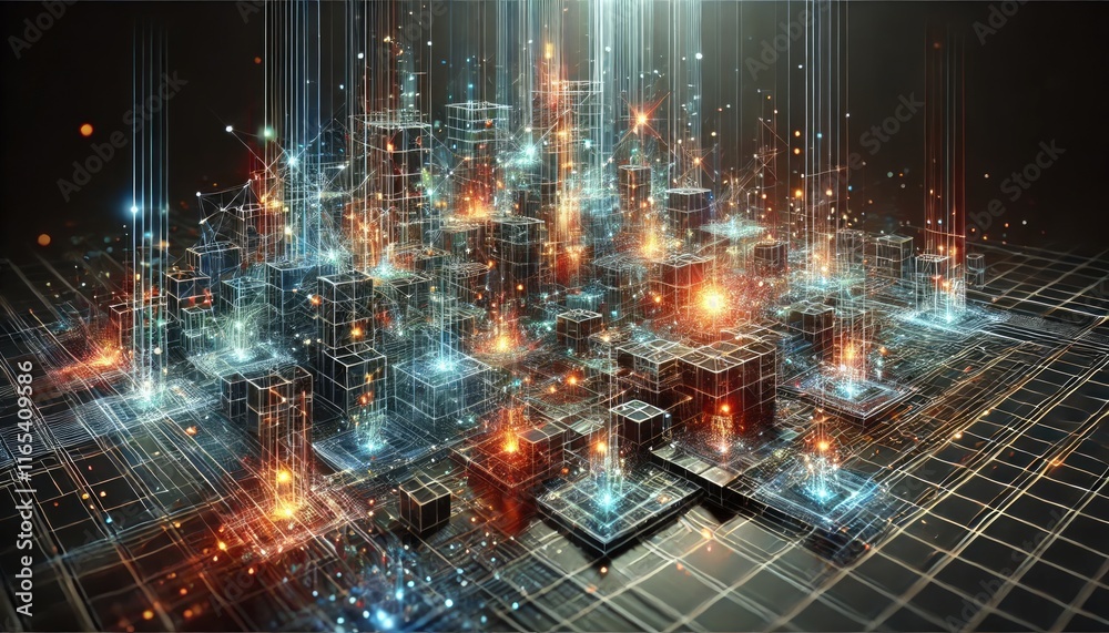 Obraz premium Abstract Visualization of the Digital World: Geometric Shapes and Glowing Lines with Futuristic Aesthetics in Dramatic Lighting