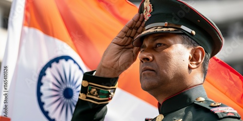 Indian Army Day. A senior Indian army officer in full ceremonial dress saluting in front of the Indian national flag during an official event. photo