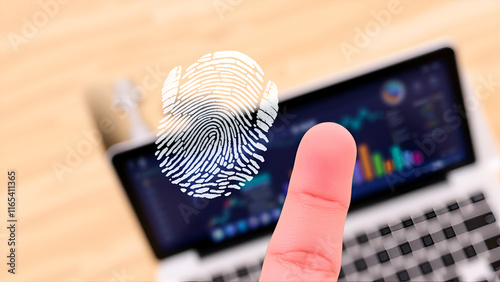 Finger print over computer on the desktop background. Top view. Double exposure. Concept of securitization. photo