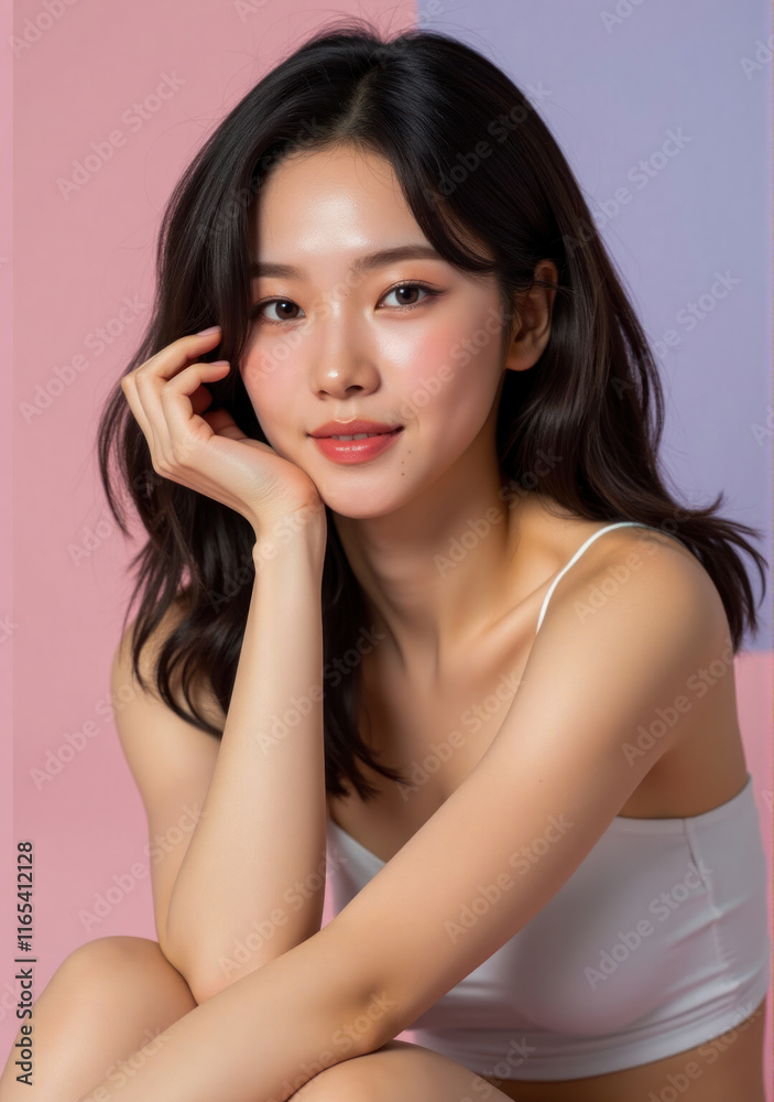 young woman with glowing skin details, medium wavy hair, and natural beauty, posing serenely on a pastel canvas young woman with glowing skin details, medium wavy hair, and natural beauty, posing serenely on a pastel canvas