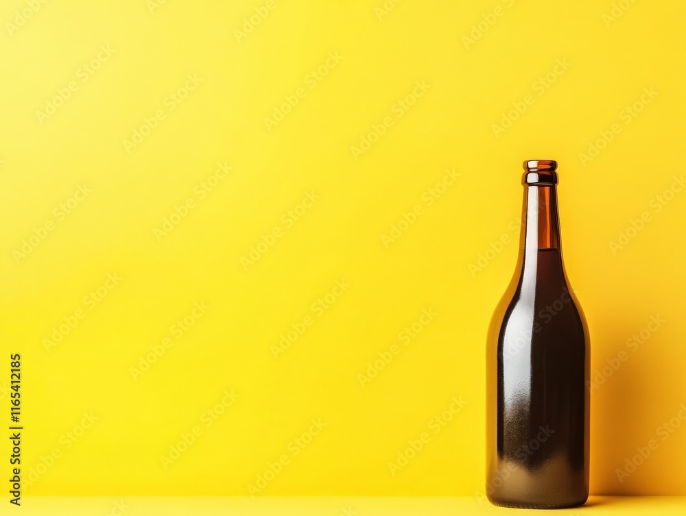 A dark glass bottle stands against a bright yellow background, emphasizing its shape and color. A dark glass bottle stands against a bright yellow background, emphasizing its shape and color.