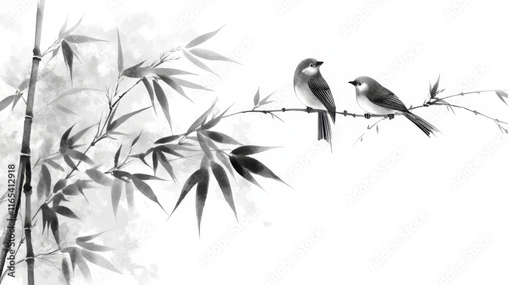 Obraz premium Elegant Birds Perched on Bamboo Branches: A Timeless Oriental Ink Painting