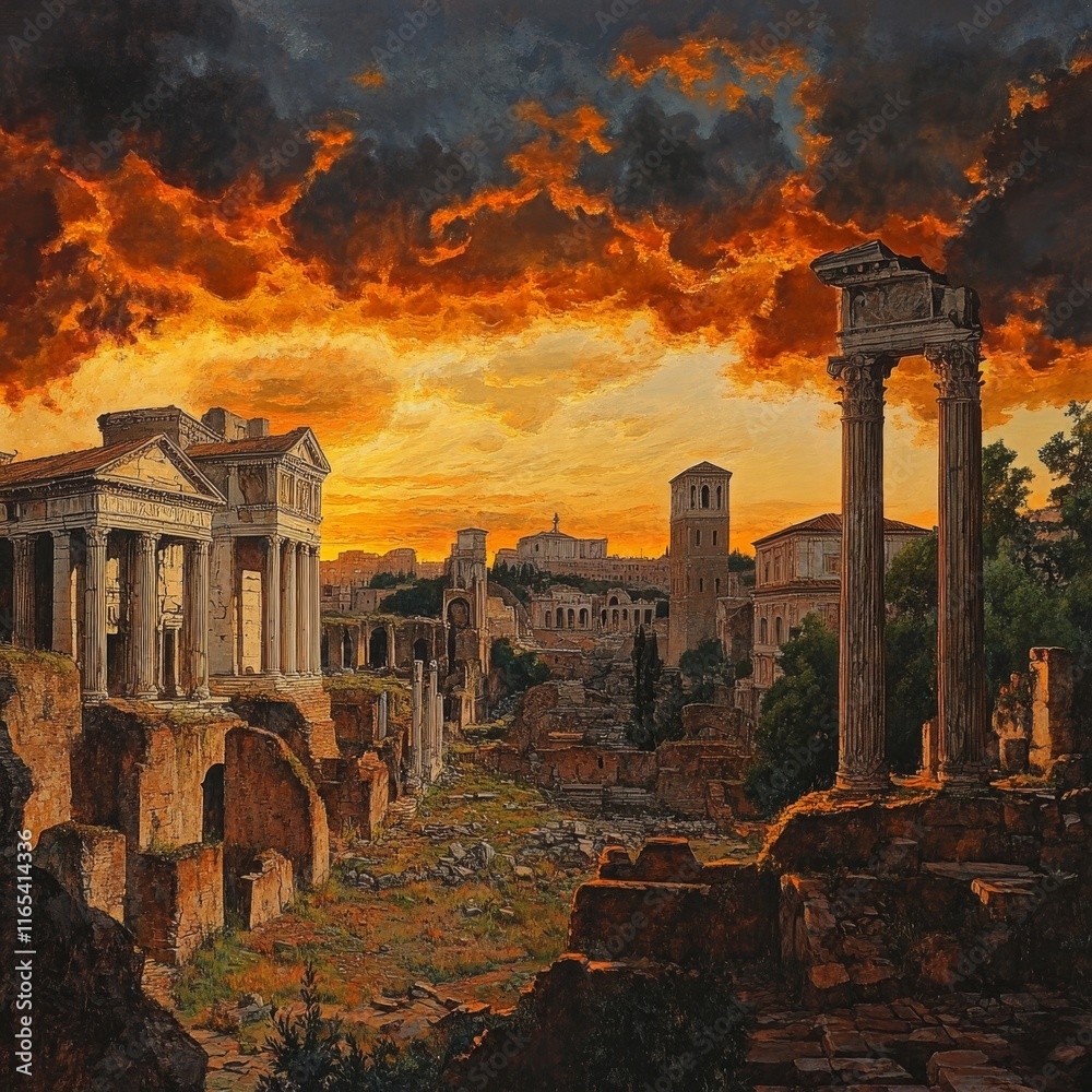 Fototapeta premium Ruins of Trajan's Forum at sunset in Rome.