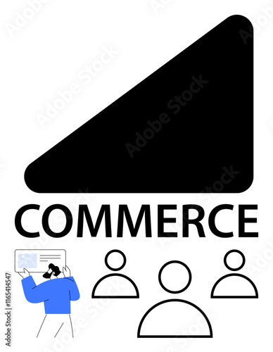 Black triangle logo above the word Commerce, four user icons below, and person interacting with a digital interface. Ideal for online business, apps, marketing, analytics, startups, branding