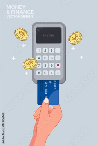 vector 2d hand holding credit card for payment by credit card reader,money and finance concept, flat vector design