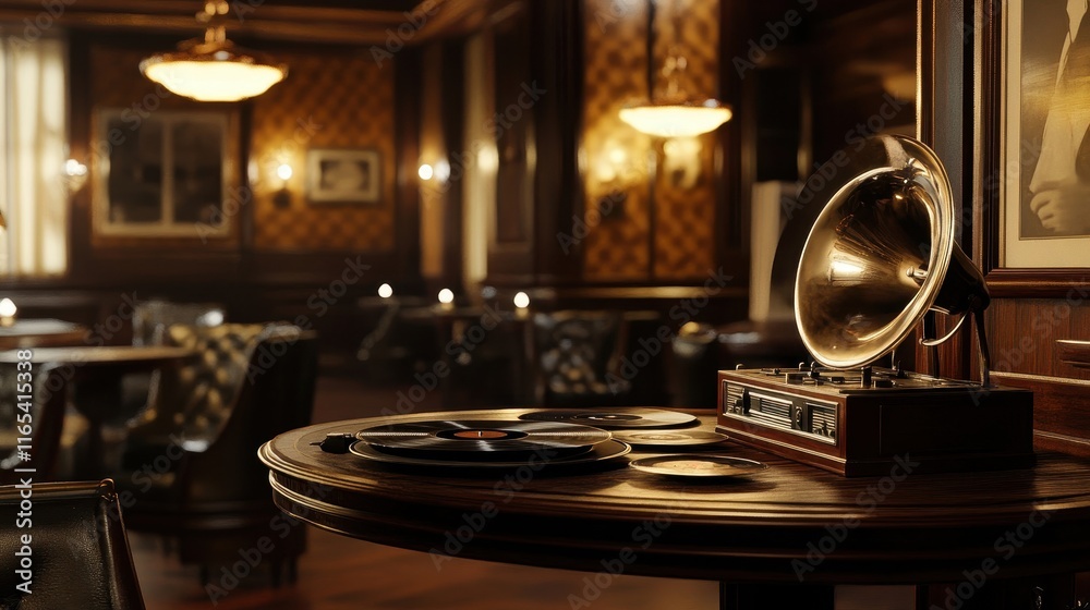 Fototapeta premium Warm light highlights gramophone in vintage jazz bar ambiance