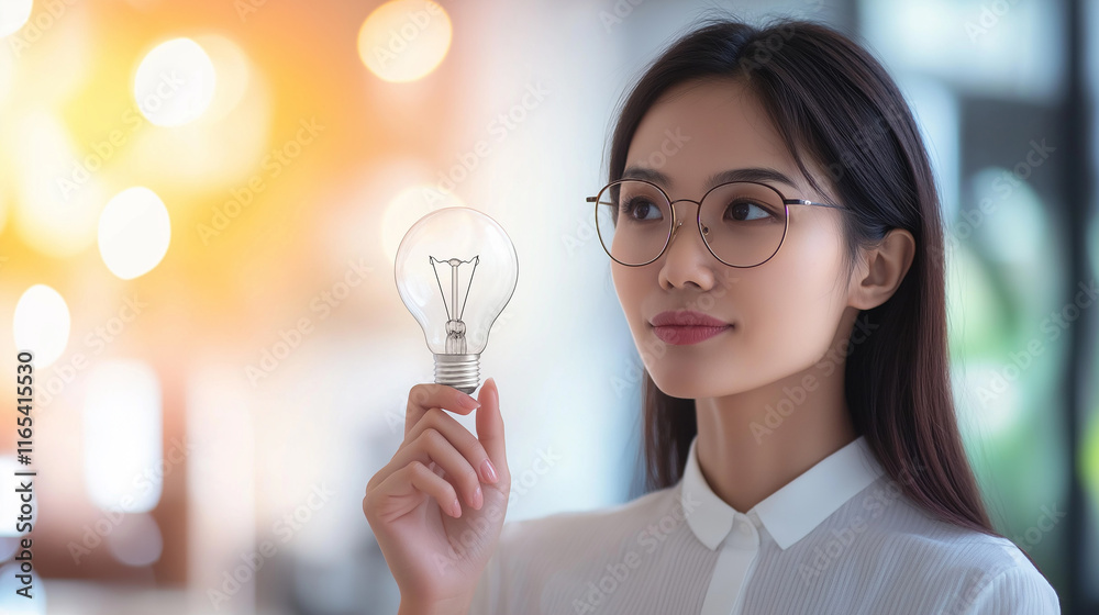 Business new idea concept. Lightbulb and young Asian businesswoman. Asian businesswoman who comes up with new ideas about business. Asian businesswoman brainstorming and coming up with new idea. Business new idea concept. Lightbulb and young Asian businesswoman. Asian businesswoman who comes up with new ideas about business. Asian businesswoman brainstorming and coming up with new idea.