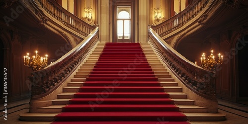 Staircase with Red Carpet and Chandeliers