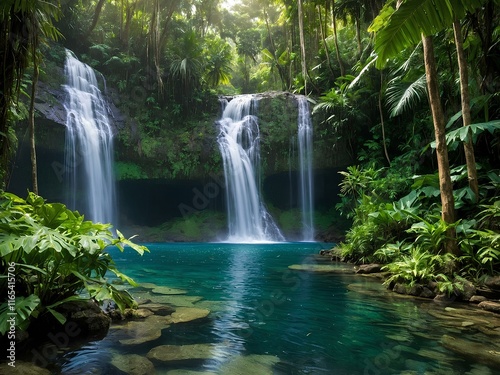 Nature's Majestic Symphony: A Towering Waterfall Cascades Gracefully Into a Crystal-Clear Pool, Hidden Beneath the Lush Canopy of a Vibrant Rainforest
