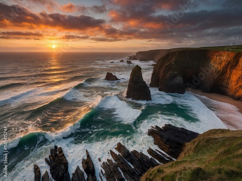 Dawn's Fiery Embrace: A Dramatic Sunrise Paints the Sky Over a Wild, Rugged Coastline, Illuminating Jagged Cliffs and the Untamed Beauty of Nature's Edge photo