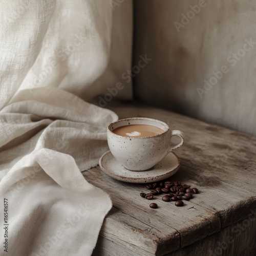 A mug of coffee with beans on a table.