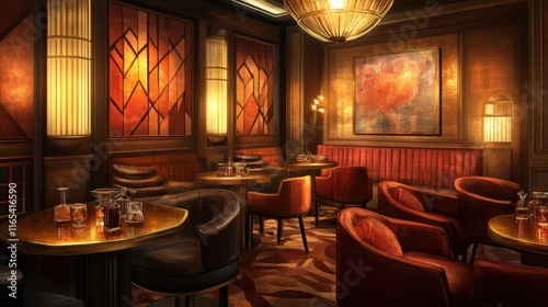 Luxurious jazz club with dark wood tables gold accents and warm lighting
