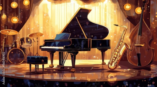 Soft shadows frame instruments on a 1920s jazz club stage