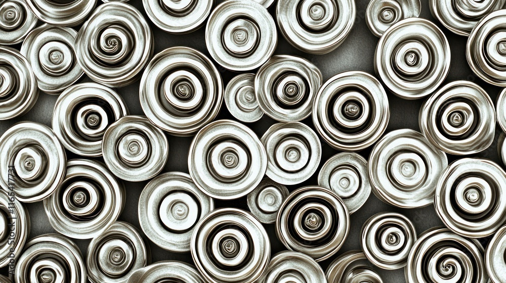 A close-up of spiraled metallic shapes resembling flowers. A close-up of spiraled metallic shapes resembling flowers.
