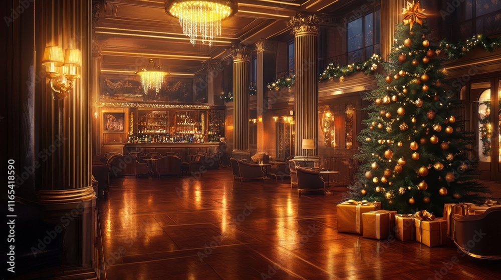 Obraz premium Tall Christmas tree reflects muted light in jazz club